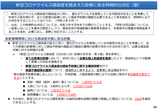 新型コロナウイルス感染症を踏まえた診療にかかる特例的な対応（案）